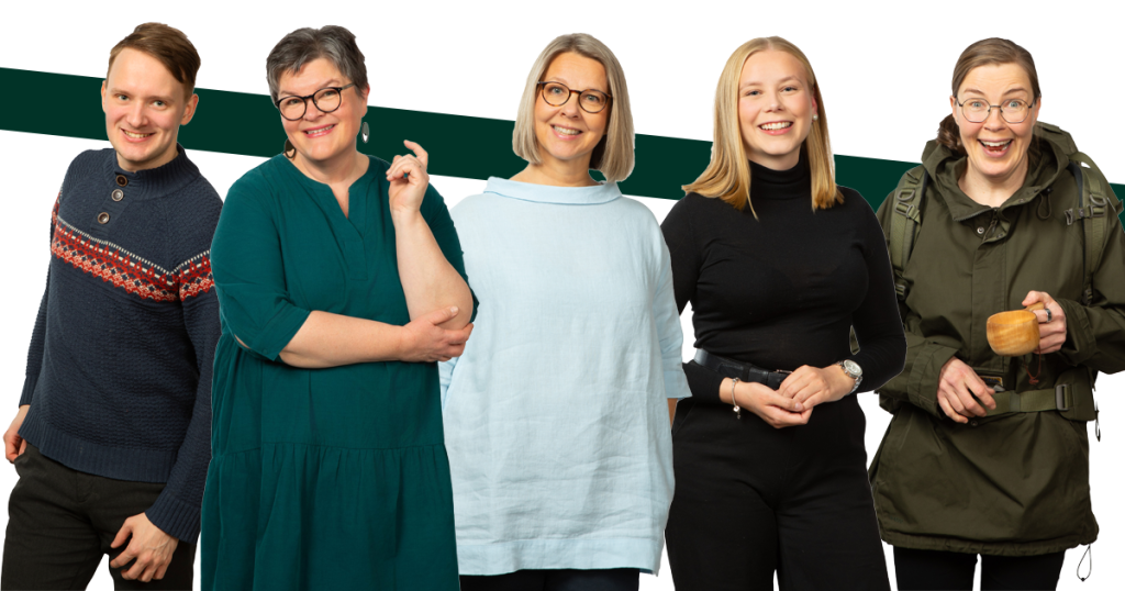 Valtuustoryhmä 2025: Santeri Leinonen, Terhi Korpela, Minna Hyytiäinen, Roosa Laakso ja Tiina Toiminen